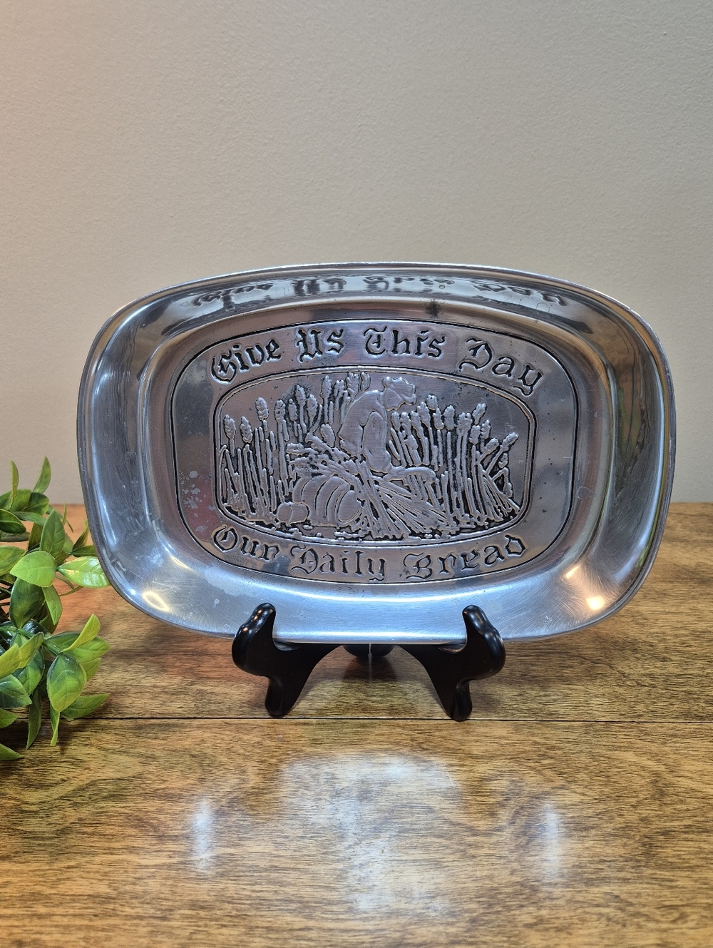 WILTON ARMETALE Vintage Embossed Metal Tray 'Give Us This Day Our Daily Bread'